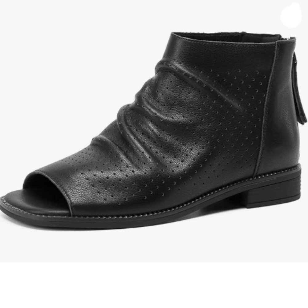 FSJ Women Peep Open Toe Boots Slouchy Low Block Heel Ankle Booties Black Boots